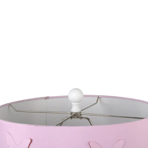 Close-up of pink laser cut drum shade top on Polly Turned Column Metal Floor Lamp With Pink Laser Cut Drum Shade In White Finish Shabby Chic Style 60 Inch Tall 3 Way Rotary Switch Perfect Home Decor Lighting For Living Room And Bedroom