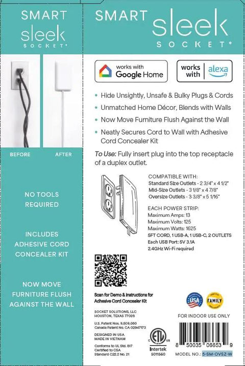 Packaging of Universal Outlet Concealer with WiFi Smart Power Strip showing compatibility, features, and installation instructions.