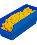 Heavy Duty Plastic Shelf Bins For Garage, Closet And Drawer Organization, 12 By 4 By 4 Inches, Blue, 24 Pack filled with yellow items