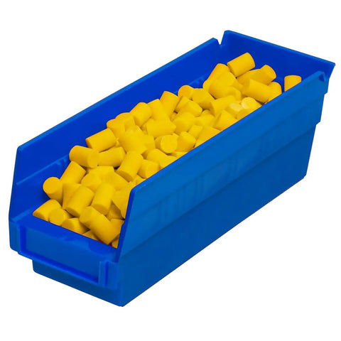 Heavy Duty Plastic Shelf Bins For Garage, Closet And Drawer Organization, 12 By 4 By 4 Inches, Blue, 24 Pack filled with yellow items