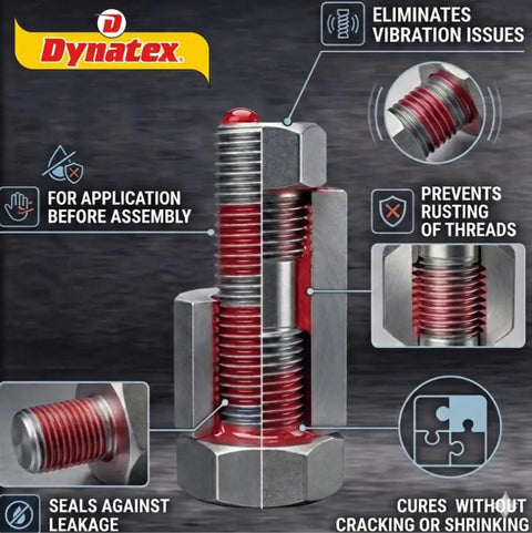 Red High Strength Thread Locker For Large Fasteners Permanent Lock Anaerobic Formula 1.70 Oz Bottle Pack Of Four Vibration Resistant And Solvent Resistant shown applied to bolt.