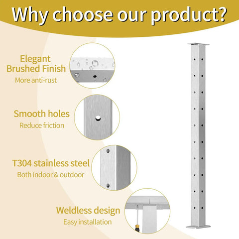 36 Inch Stainless Steel Square Cable Railing Post 2x2 With L Shape Holes For Corner Install Flat Top Pre Drilled And Corner Drilled Silver Finish