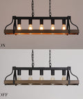 Rustic Farmhouse Kitchen Island Pendant Light With Five Lights Linear Chandelier In Black With Retro Wood Finish Industrial Vibe Hanging Light For Dining Room And Kitchen Bar UL Listed, shown in on and off state, with black and wood frame.