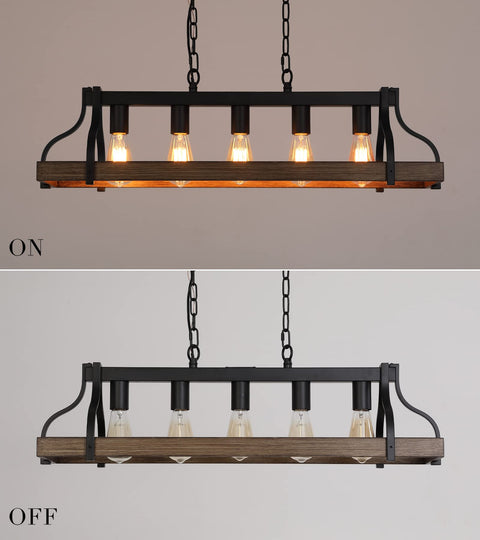 Rustic Farmhouse Kitchen Island Pendant Light With Five Lights Linear Chandelier In Black With Retro Wood Finish Industrial Vibe Hanging Light For Dining Room And Kitchen Bar UL Listed, shown in on and off state, with black and wood frame.