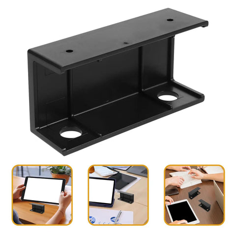 Under Desk Laptop Mount Holder With Keyboard Shelf And Router Stand Heavy Duty Steel Bracket Black side view, sturdy design for workspace.