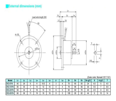 Technical schematic of Solid Shaft Micro Magnetic Powder Brake 1 Nm Torque 0.54 Kg ZKG-10YN, showcasing measurements and dimensions.