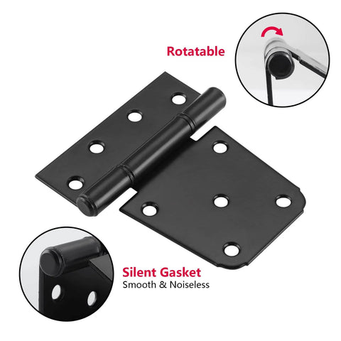 3.5 Inch Black Iron T Strap Gate Hinges Set For Wooden Fences And Barn Swing Doors, shown open with rotatable and silent gasket features