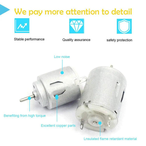 Two Beefy Torque 5000 RPM 6V Mini DC Motors with cylinder magnetic drive and 2x11mm shafts for DIY robotics, highlighting quality features.