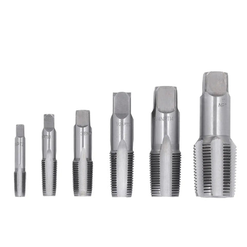 Rock Solid Six Piece NPT Pipe Tap Set Made From Super Strong Carbon Steel For Easy Plumbing Repairs, PVC Fitting Fixes And Auto Work Including Rethreaded Jobs On 18 To One Inch Pipes, six taps