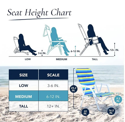 Seat height chart with a low seat folding beach chair with carry strap for easy transport lightweight portable outdoor lounger 9.5 inch seat height