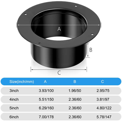 6 Inch Plastic Duct Connector Flange For Dryer Vent And Dust Collection Fittings In Heating And Cooling Ventilation Systems Black Easy Install With Clamps Durable Plastic Construction For Long Lasting Performance shown with size chart