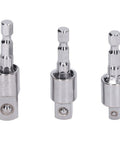 KANASI 3-piece chrome drill socket adapter set with rotating sleeves and square drives; front view