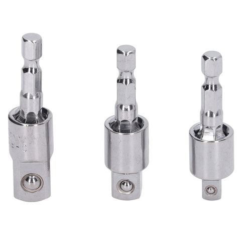 KANASI 3-piece chrome drill socket adapter set with rotating sleeves and square drives; front view