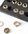 Heavy Duty Brass Router Template Bushings With Precision Bearing Kit And Inlay Guide Set Rock Steady Woodworking Essentials in a storage case.