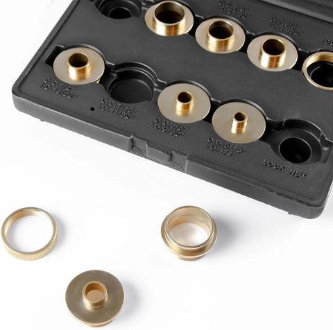 Heavy Duty Brass Router Template Bushings With Precision Bearing Kit And Inlay Guide Set Rock Steady Woodworking Essentials in a storage case.
