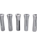 Five pieces from 20 Piece Pro Grade Metric R8 Collet Set 1mm To 20mm High Precision Mill Chuck Holder Kit shown in silver tool steel.