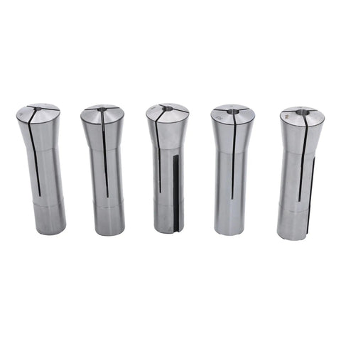 Five pieces from 20 Piece Pro Grade Metric R8 Collet Set 1mm To 20mm High Precision Mill Chuck Holder Kit shown in silver tool steel.