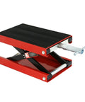 Motorcycle Lift 1100 Lb Capacity Wide Deck Center Scissor Lift Jack Hoist Stand with black rubber mat, side view