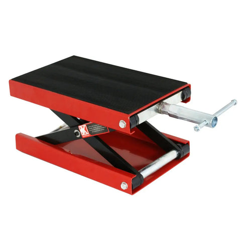 Motorcycle Lift 1100 Lb Capacity Wide Deck Center Scissor Lift Jack Hoist Stand with black rubber mat, side view