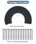Package content of No Dig Garden Edging Kit 20 Ft Black Landscape Border with 20 stakes and edging panels illustrated.