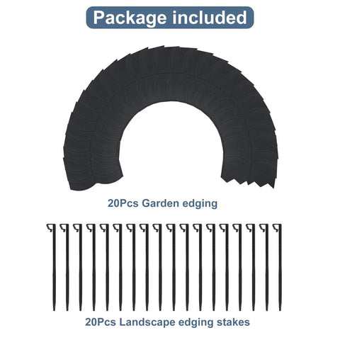 Package content of No Dig Garden Edging Kit 20 Ft Black Landscape Border with 20 stakes and edging panels illustrated.