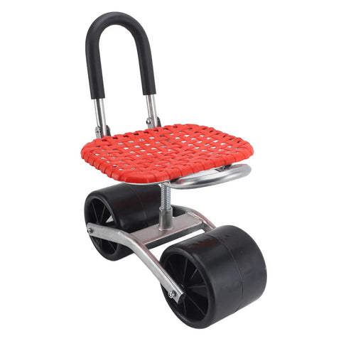 Wheeled Garden Stool With Adjustable Height Iron Construction Movable Labor Saving Patio Seat with red mesh seat
