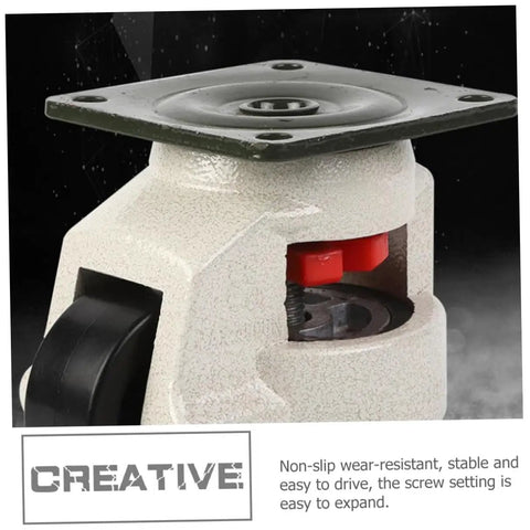 Four Piece Heavy Duty Swivel Casters Set With 3 Inch Height Adjustable Plate Casters And Leveling Feet Industrial Workbench Wheels For Furniture And Equipment Built Tough And Easy To Roll. Close-up of a heavy-duty swivel caster with plate and leveling foot, black wheel, metal housing