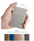 Hand holding RFID Blocking Stainless Steel Card Holder Wallet with size dimensions visible