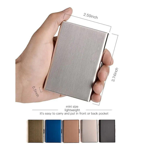 Hand holding RFID Blocking Stainless Steel Card Holder Wallet with size dimensions visible