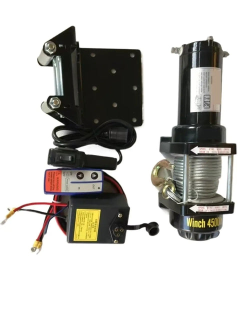 Heavy Duty Electric Hoist With 4500 Lb Capacity For 12 24V Motor Vehicle Recovery And Warehouse Work, includes winch and control panel.