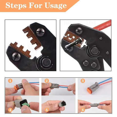 Steps using 174 Pcs DT Deutsch Connector Kit With Pro Grade Ratcheting Wire Crimp Tool, showing wire connections.