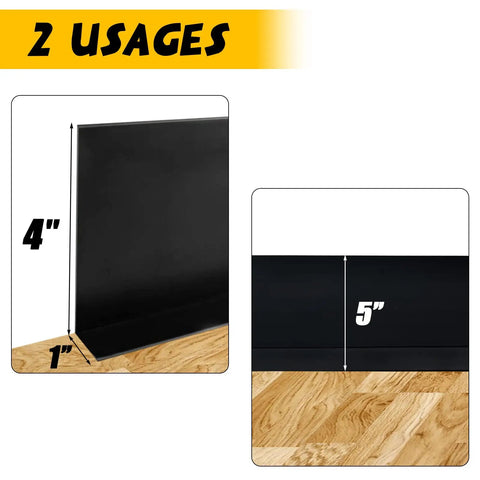 Flexible Black Vinyl Wall Base 5 Inch By 20 Foot Molding Trim With 1 Inch Crease shown in dual usage with measurements