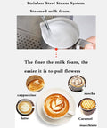 Automatic Espresso Machine With Milk Frother, 19 Bar Pressure, Steam Wand, Stainless Steel Body, Dual Temperature Control, Large 1.6L Water Tank creating milk foam for latte art.