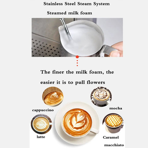 Automatic Espresso Machine With Milk Frother, 19 Bar Pressure, Steam Wand, Stainless Steel Body, Dual Temperature Control, Large 1.6L Water Tank creating milk foam for latte art.