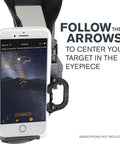 StarSense Explorer DX 130AZ App Enabled Telescope dock with iPhone displaying sky map app instructions, smartphone not included
