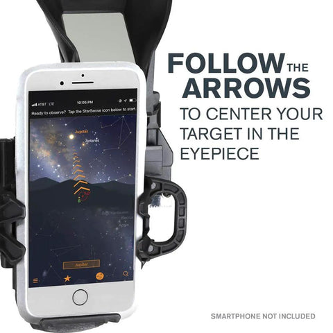 StarSense Explorer DX 130AZ App Enabled Telescope dock with iPhone displaying sky map app instructions, smartphone not included