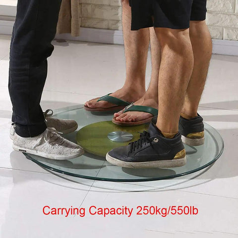 Clear Tempered Glass Lazy Susan Turntable Tray With Aluminum Base And Smooth Steel Bearings supporting three people standing