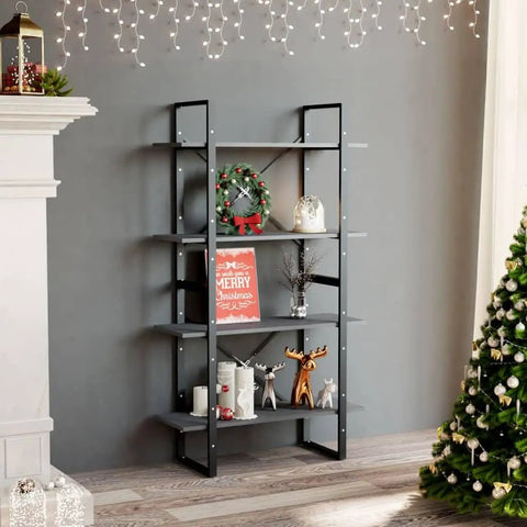 4 Tier Solid Pine Wood Book Cabinet In Gray, a chunky industrial style bookshelf, 55.1 inch tall, adorned with holiday decor.