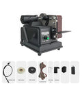 Mini Belt Sander For Jewelry Polishing Multifunctional Electric Grinder Machine Desktop Abrasive Sanding Tool showing controls and attachments.