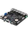 Badass N100 Fanless Mini PC With Six 2.5 Gigabit LAN Ports Rock Solid DDR5 Barebone Kit motherboard showing ports and design.