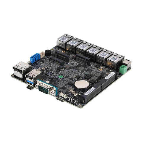 Badass N100 Fanless Mini PC With Six 2.5 Gigabit LAN Ports Rock Solid DDR5 Barebone Kit motherboard showing ports and design.