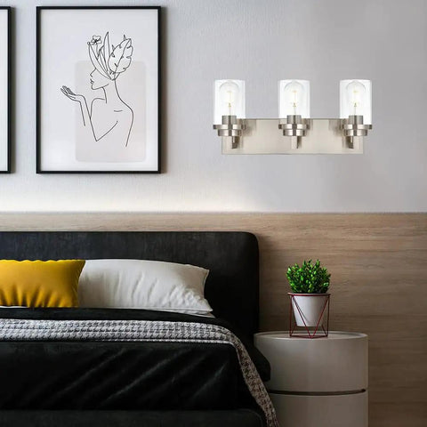 Three Light Vanity Light Fixture In Brushed Nickel With Clear Glass Shades For Modern Bathrooms, Killer Industrial Wall Light