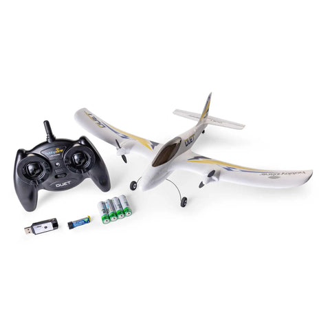 RC Airplane Duet S 2 Ready To Fly Starter Kit With Everything Included, All In One Pack For Beginners To Get Flying Quickly And Safely, HBZ05300 For Instant Fun shown with remote and batteries