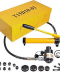 Beefy 15 Ton Hydraulic Knockout Punch Set With 10 Interchangeable Dies for Conduit, metal case, pump, and accessories.