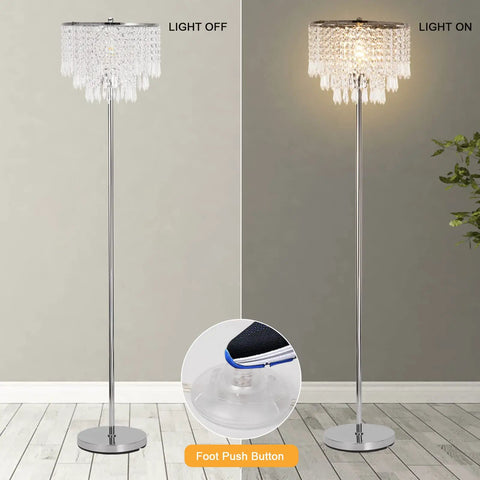 Three Layer K5 Crystal Floor Lamp With Sparkling Triper Layer Shade, Modern Chrome Finish Floor Light shown light on and off