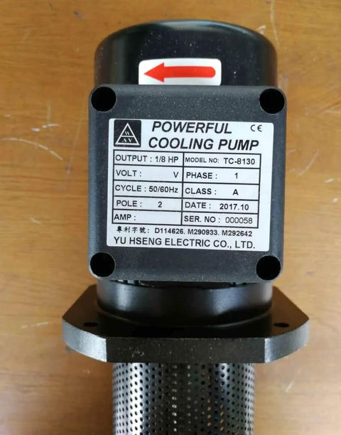 1/8 HP Yu HSENG cooling pump for machine tools; black rectangular motor with mounting flange and perforated metal outlet tube