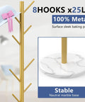Heavy Duty Coat Rack With Natural Marble Base And Gold Metal Finish Freestanding Eight Hook Coat Tree For Coats Bags Hats And Jackets Ultra Stable Modern Home Organizer with hat displayed on hooks and detailed marble base close-up.