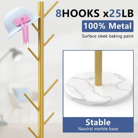 Heavy Duty Coat Rack With Natural Marble Base And Gold Metal Finish Freestanding Eight Hook Coat Tree For Coats Bags Hats And Jackets Ultra Stable Modern Home Organizer with hat displayed on hooks and detailed marble base close-up.