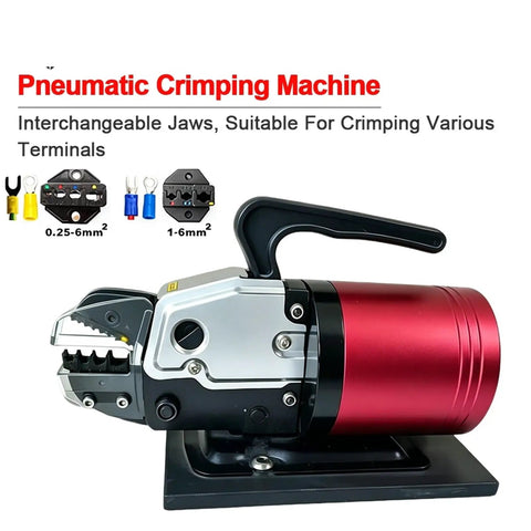 Mini Pneumatic Crimping Machine with interchangeable jaws for electrical wire connectors and cable lugs.
