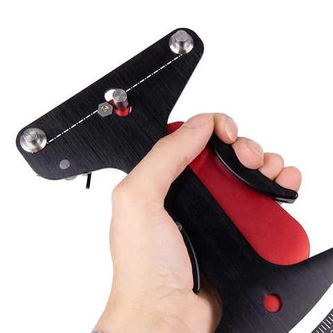 Hand holding Spoke Tension Meter For Bikes Aluminum Alloy Tensiometer Gauge with Accurate Stable Readings, black and red